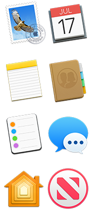 Symboler for Mail, Kalender, Noter, Kontakter, Påmindelser, Beskeder, Hjem og News