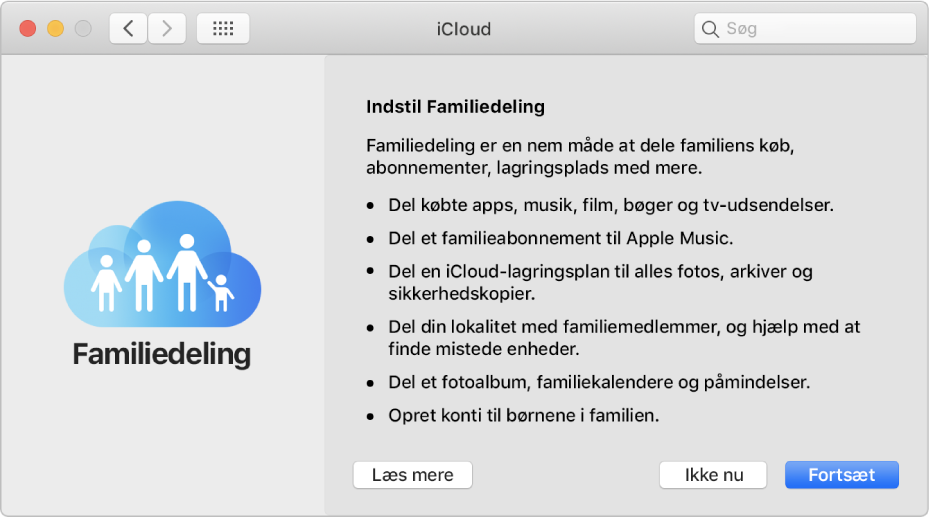 Vinduet til indstilling af Familiedeling i iCloud-indstillinger.