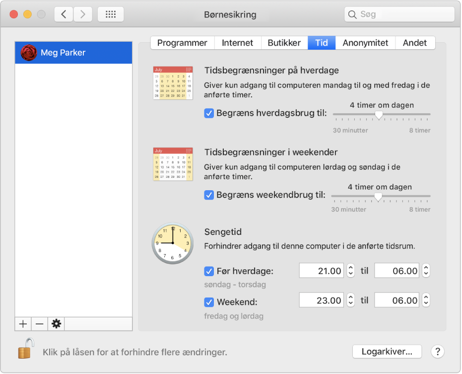 Vinduet Tid i indstillingerne for Børnesikring viser tidsbegrænsninger for ugedage, weekend og sengetider.