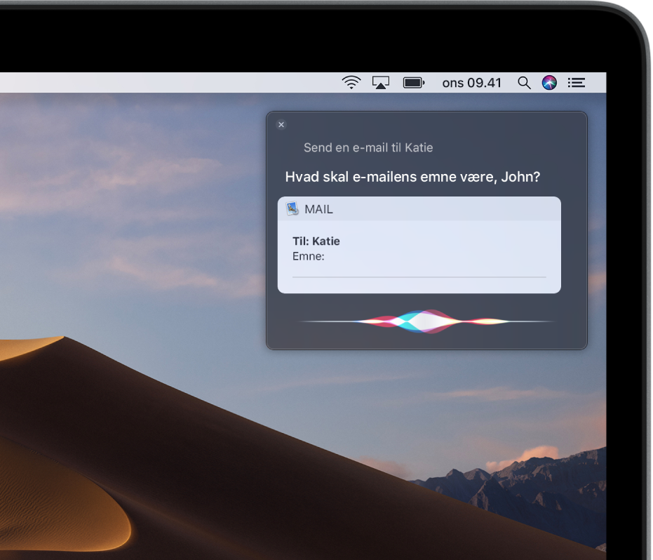 Siri-vinduet i øverste højre hjørne af skærmen, der viser dikteringen af en e-mailbesked.
