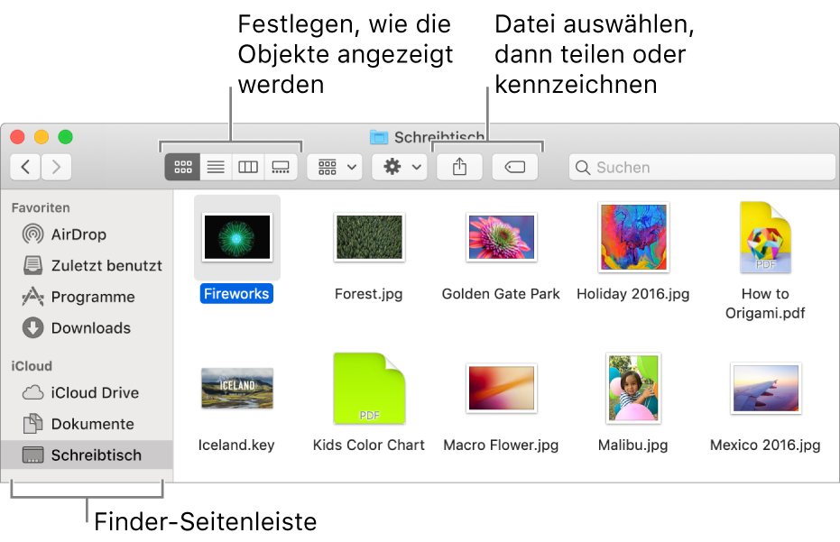 Ein Finder-Fenster mit der Finder-Seitenleiste links. Oben links im Fenster befinden sich vier Tasten, auf die du klicken kannst, um die Darstellung der im Finder-Fenster angezeigten Objekte zu ändern. Rechts sind zwei Tasten, mit denen du ausgewählte Dateien teilen und mit Tags versehen kannst.
