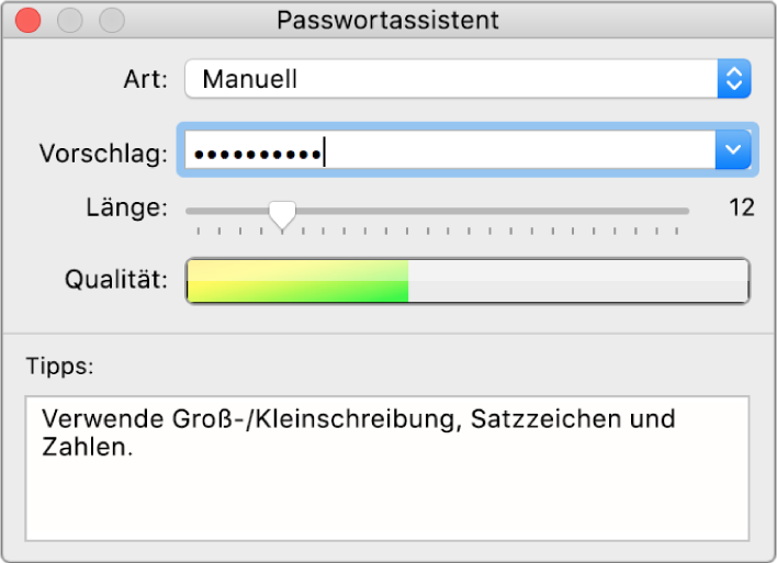 Fenster des Passwortassistenten mit Optionen für das Erstellen eines Passworts