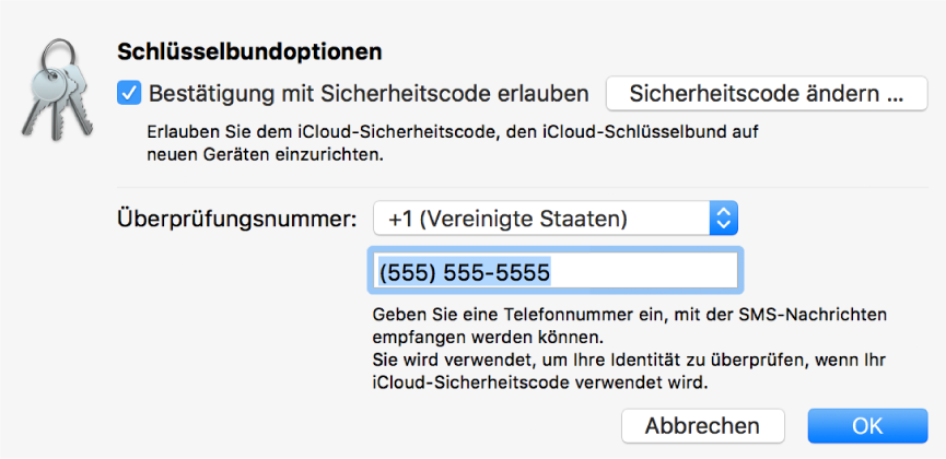 Dialogfenster „Optionen“ des iCloud-Schlüsselbunds mit der ausgewählten Option, die die Bestätigung mit dem Sicherheitscode zulässt, der Taste zur Änderung des Sicherheitscodes und den Feldern zum Ändern der Überprüfungsnummer.