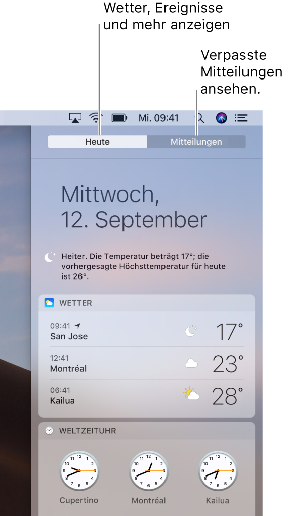 Darstellung „Heute“ mit dem Wetter an drei Orten. Klicke auf den Tab „Mitteilungen“, um Mitteilungen anzuzeigen, die du verpasst hast.