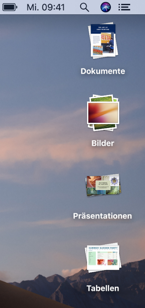 Ein Mac-Schreibtisch mit vier Stapeln für Dokumente, Bilder, Präsentationen und Tabellenkalkulationen am rechten Bildschirmrand