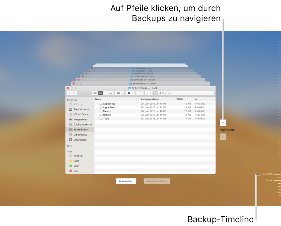Beim Öffnen von Time Machine ist die Anzeige auf dem Bildschirm verzerrt und es sind mehrere gestapelte Finder-Fenster für die Backups zu sehen. Klicke auf die Pfeile, um in den Backups zu navigieren (oder klicke rechts auf die Backup-Timeline) und wähle die Dateien für die Wiederherstellung aus.