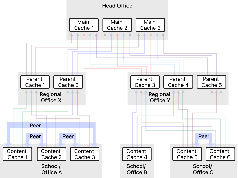 A network with numerous content caches, organised into a three-level hierarchy that has parent and grandparent content caches. Only the content caches at the lowest level of the hierarchy have peers defined.