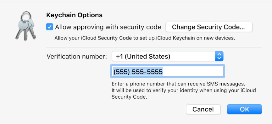 iCloud Keychain Options dialogue with the option selected to allow approving with the security code, the button for changing the security code, and the fields for changing the verification number.