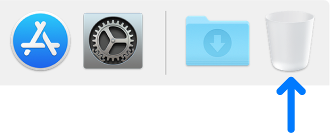 A blue arrow pointing to the Bin icon in the Dock.