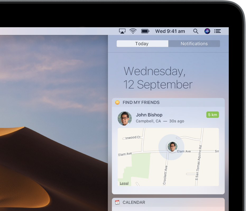 The Find My Friends widget in Today view in Notification Center showing the mapped location of a family member or friend.