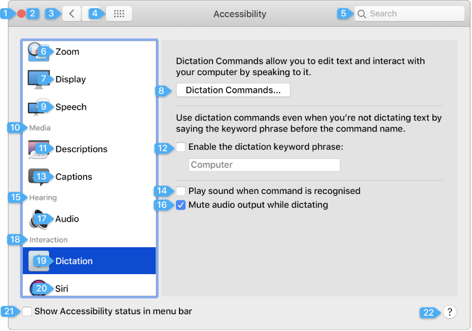 A preference pane showing a number next to each UI element you can interact with.