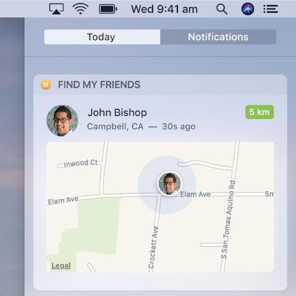 The Find My Friends widget in Today view in Notification Center showing the mapped location of a friend.