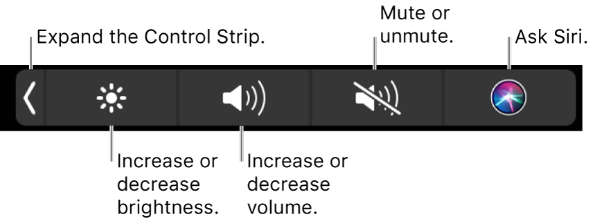 The collapsed Control Strip includes buttons — from left to right — to expand the Control Strip, increase or decrease display brightness and volume, mute or unmute, and ask Siri.