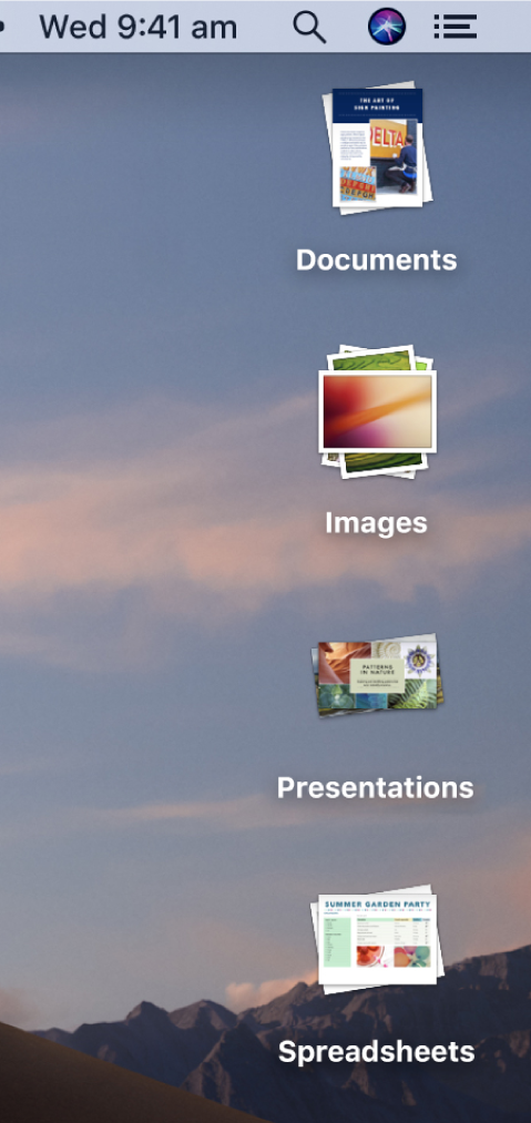 A Mac desktop with four stacks — for documents, images, presentations, and spreadsheets — along the right edge of the screen.