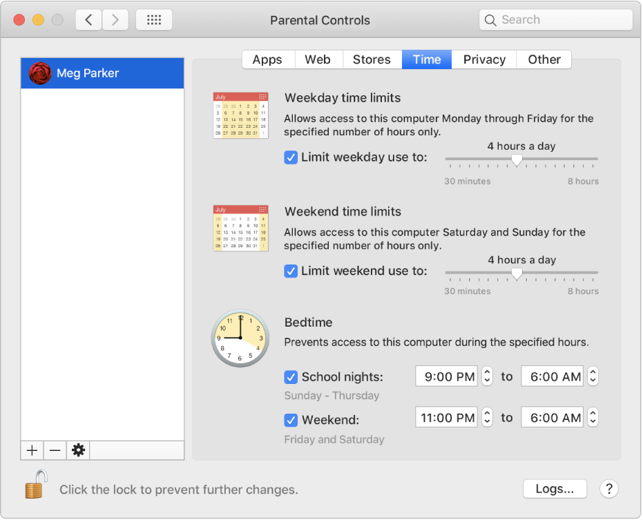 The Time pane in Parental Controls preferences showing weekday, weekend and bedtime time limits.