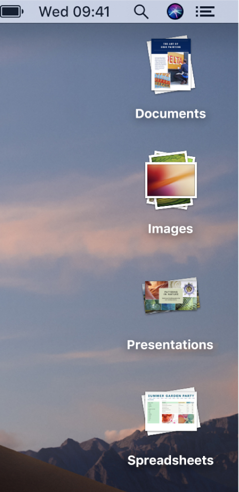 A Mac desktop with four stacks — for documents, images, presentations and spreadsheets — along the right edge of the screen.