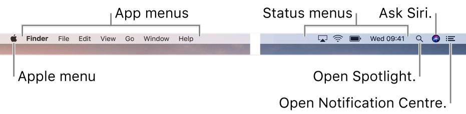 The menu bar. On the left are the Apple menu and app menus. On the right are status menus, and the Spotlight, Siri and Notification Centre icons.