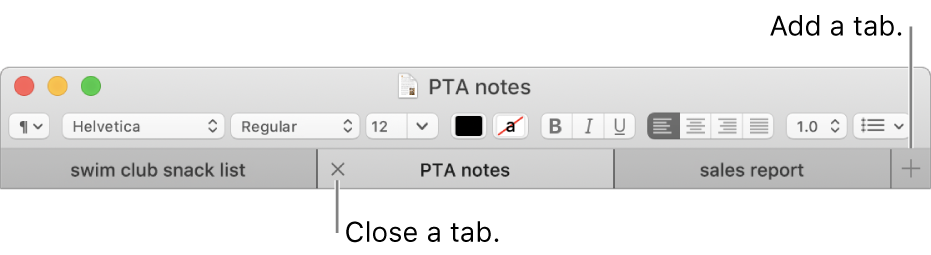 A TextEdit window with three tabs in the tab bar, located below the formatting bar. One tab shows the Close button. The Add button is located at the right end of the tab bar.