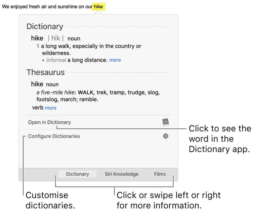 The Look Up window showing Dictionary and Thesaurus definitions for a word.