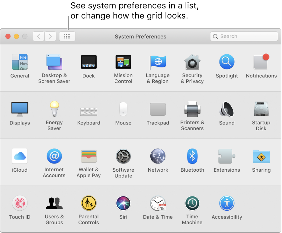 System Preferences window showing the grid of icons. Click the Show All button in the window’s toolbar to see system preferences as a list, or change how the grid looks.