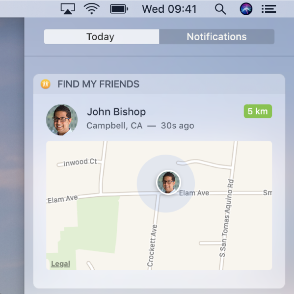 The Find My Friends widget in Today view in Notification Centre showing the mapped location of a friend.