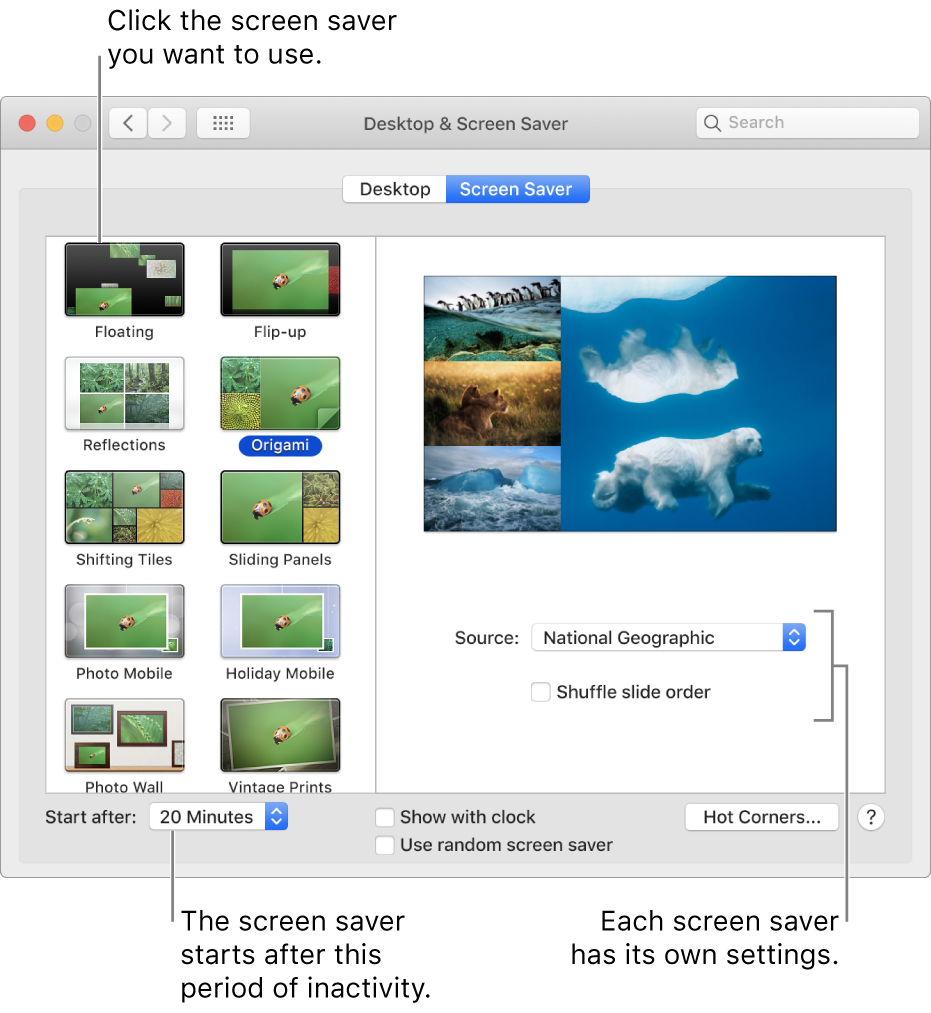 The Screen Saver pane of System Preferences.