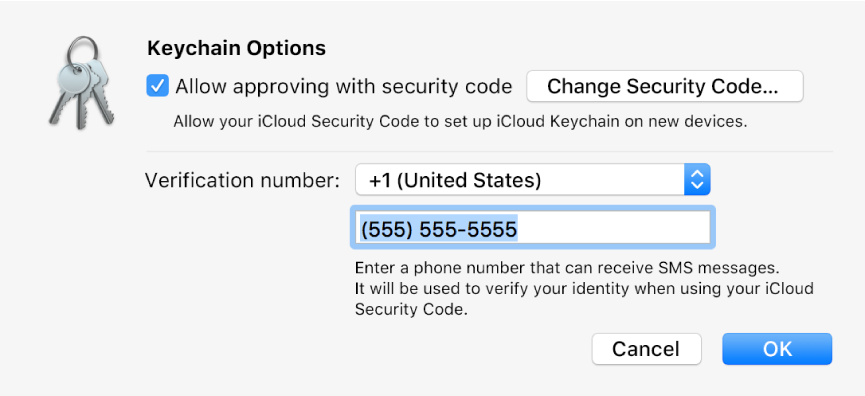 iCloud Keychain Options dialogue with the option selected to allow approving with the security code, the button for changing the security code, and the fields for changing the verification number.