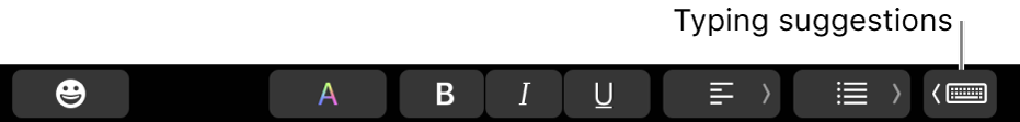 The Touch Bar, with the button to show typing suggestions at the right end.