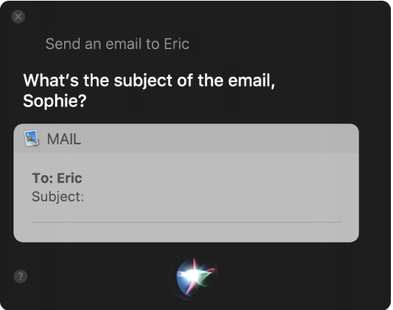 The Siri window showing an email message being dictated.