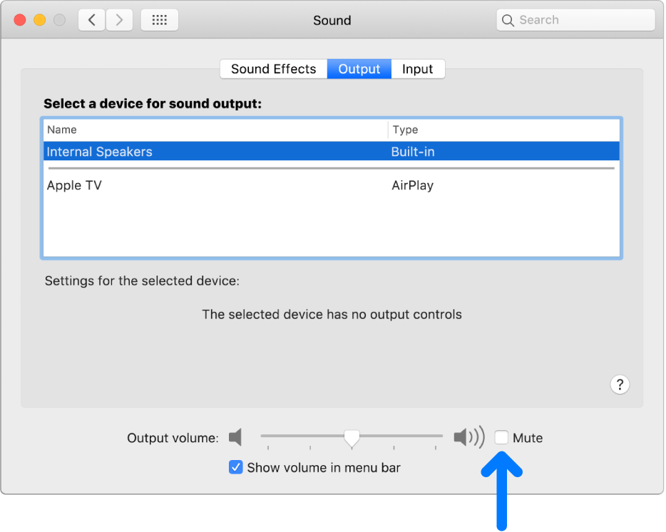 The Mute tickbox at the bottom of the Sound preferences pane.