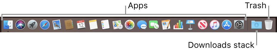 The Dock showing icons for apps, the Downloads stack and the Trash.