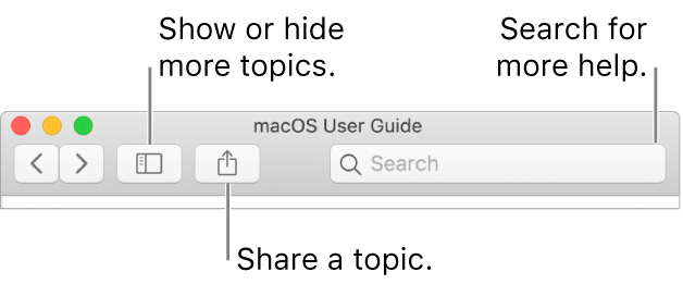 A help window showing the button in the toolbar to click to hide or show the Table of Contents, the button to share a topic and the search field to search for topics.