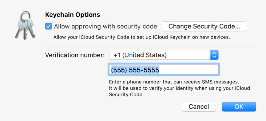 iCloud Keychain Options dialog with the option selected to allow approving with the security code, the button for changing the security code, and the fields for changing the verification number.