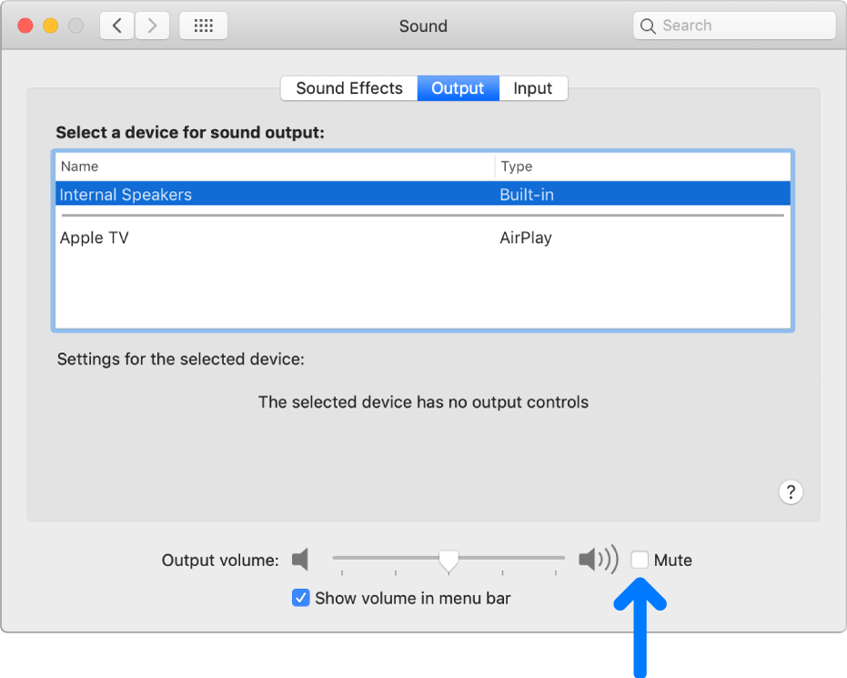 The Mute checkbox at the bottom of the Sound preferences pane.