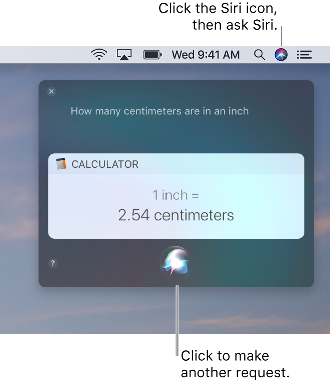 The top-right portion of the Mac desktop showing the Siri icon in the menu bar and the Siri window with the request 