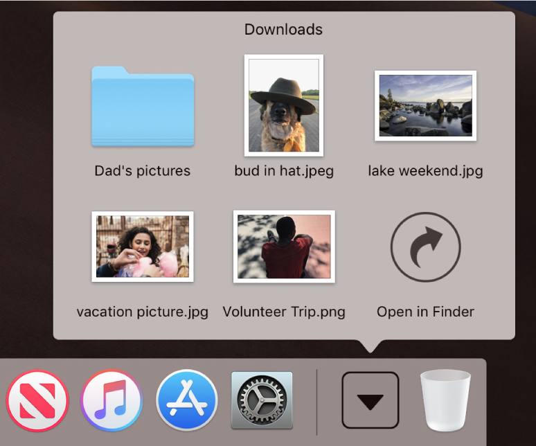 The Downloads stack in the Dock opened to show its contents in a grid.