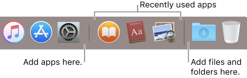The right end of the Dock. Add apps to the left of the recently used apps section and add folders to the right of that section, where the Downloads stack and the Trash are located.