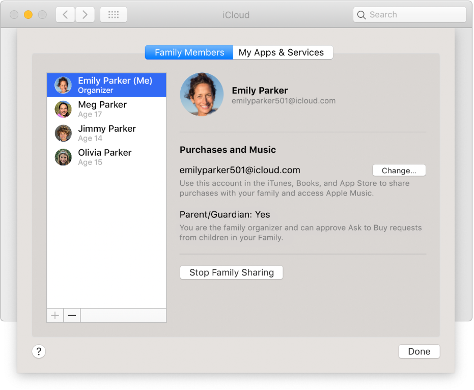 The Family Members pane in iCloud preferences.