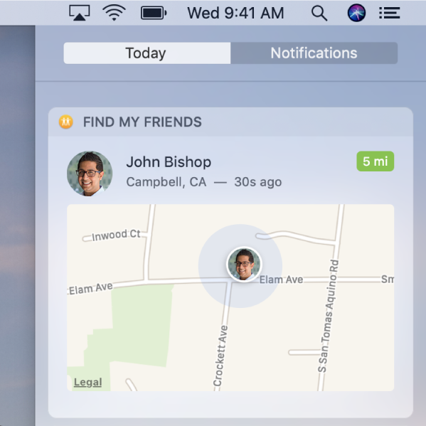 The Find My Friends widget in Today view in Notification Center showing the mapped location of a friend.