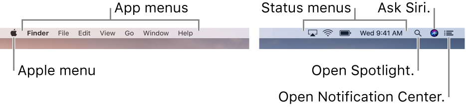 The menu bar. On the left are the Apple menu and app menus. On the right are status menus, and the Spotlight, Siri, and Notification Center icons.