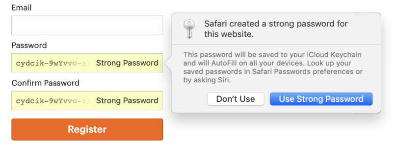 A dialog showing that Safari created a strong password for a website and that it will be saved in the userâ€™s iCloud Keychain and available for AutoFill on the userâ€™s devices.