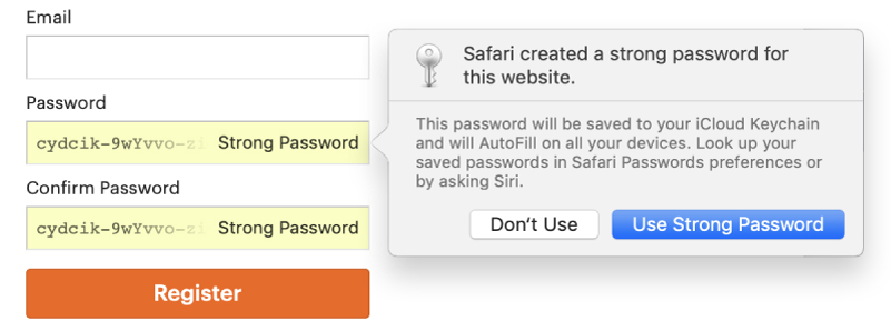 A dialog showing that Safari created a strong password for a website and that it will be saved in the user’s iCloud Keychain and available for AutoFill on the user’s devices.