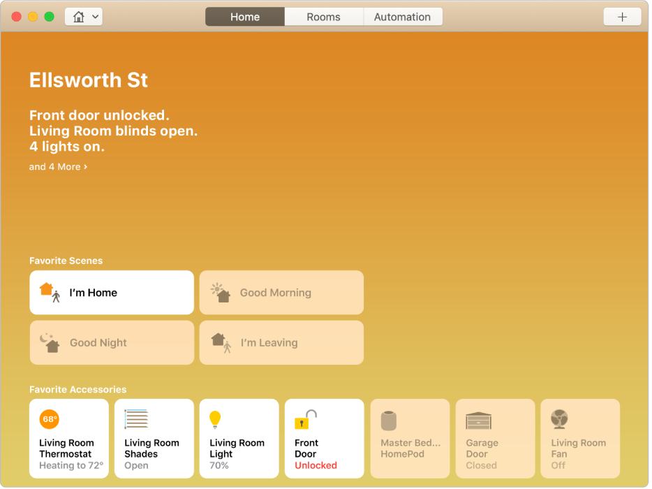 The Home screen showing the status of the front door (unlocked), the living room blinds (open), and more. Buttons for various Favorite Scenes and Favorite Accessories are also shown.