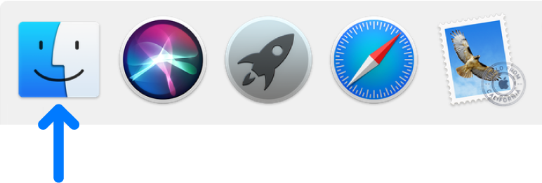 A blue arrow pointing to the Finder icon at the left side of the Dock.