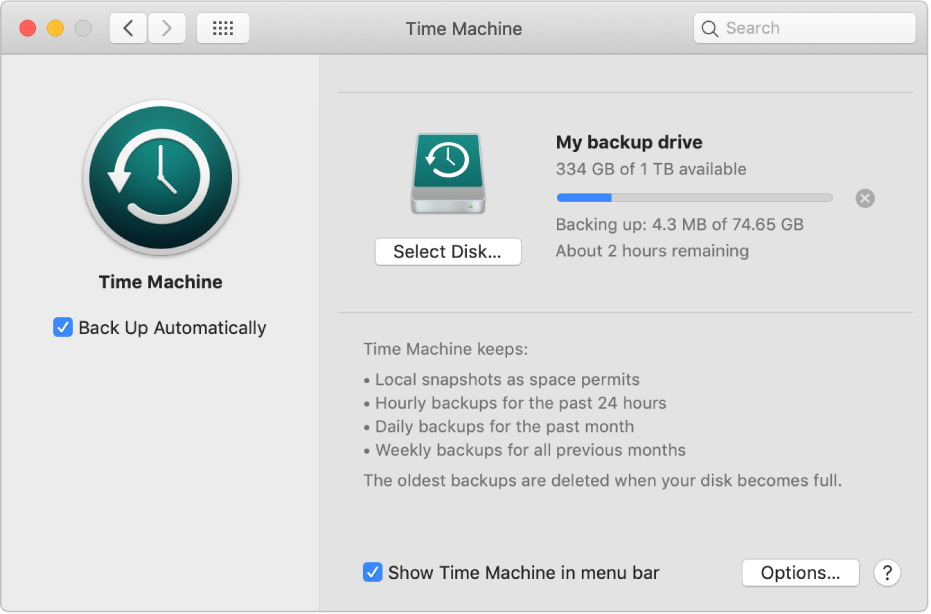 Time Machine preferences showing the progress status of a backup to an external drive.