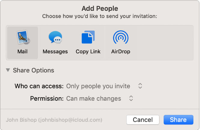 Add People window showing apps that you can use to make invitations and the options for sharing documents.