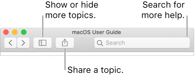 A help window showing the button in the toolbar to click to hide or show the Table of Contents, the button to share a topic, and the search field to search for topics.
