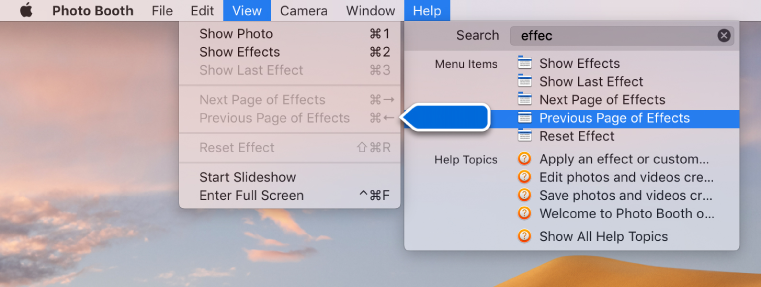 The Photo Booth Help menu with a search result for a menu item selected and an arrow pointing to the item in the app menus.