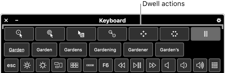 Dwell action buttons located across the top of the Accessibility Keyboard.
