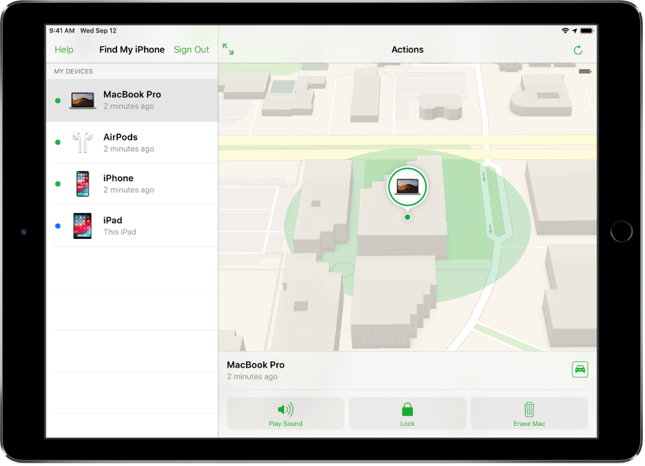 Find My iPhone on an iPad showing the location of a Mac.